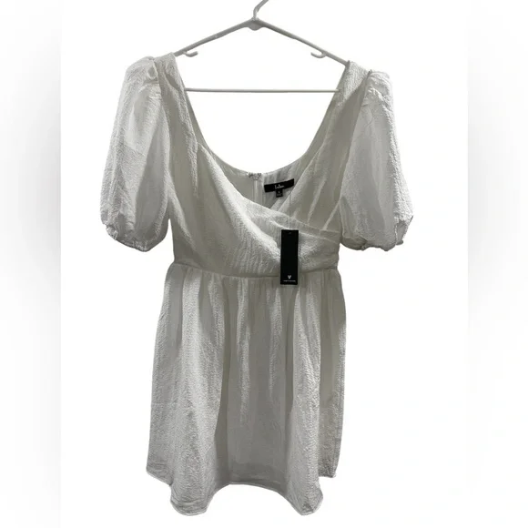 Lulus NWT Little Bit In Love White Surplice Puff Sleeve Mini Dress - Picture 6 of 7